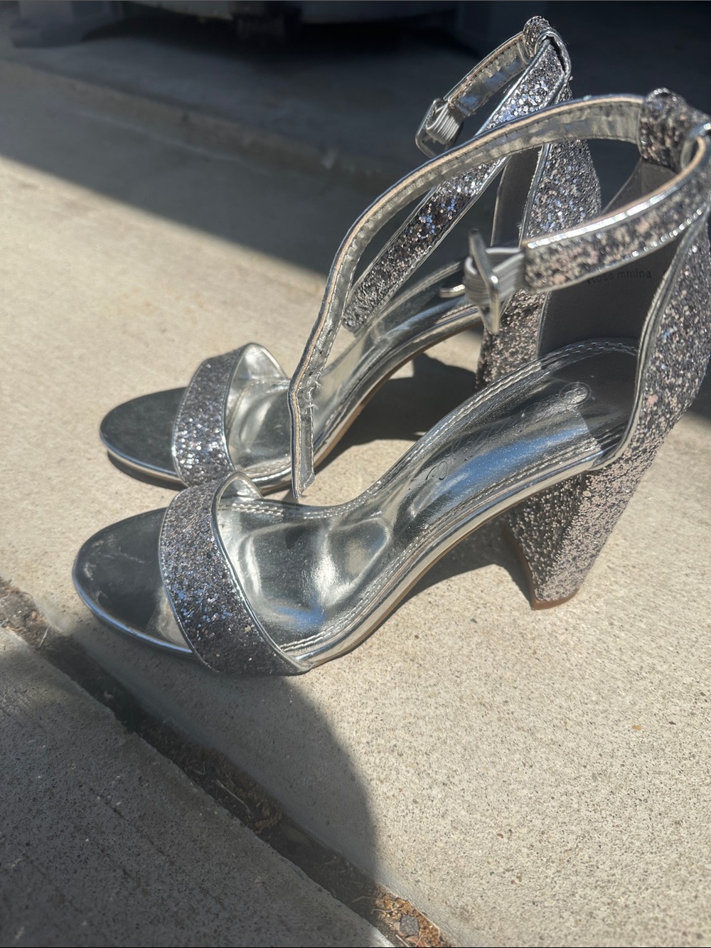 Herstyle Silver Glitter Block Heel Sandals with Ankle Strap